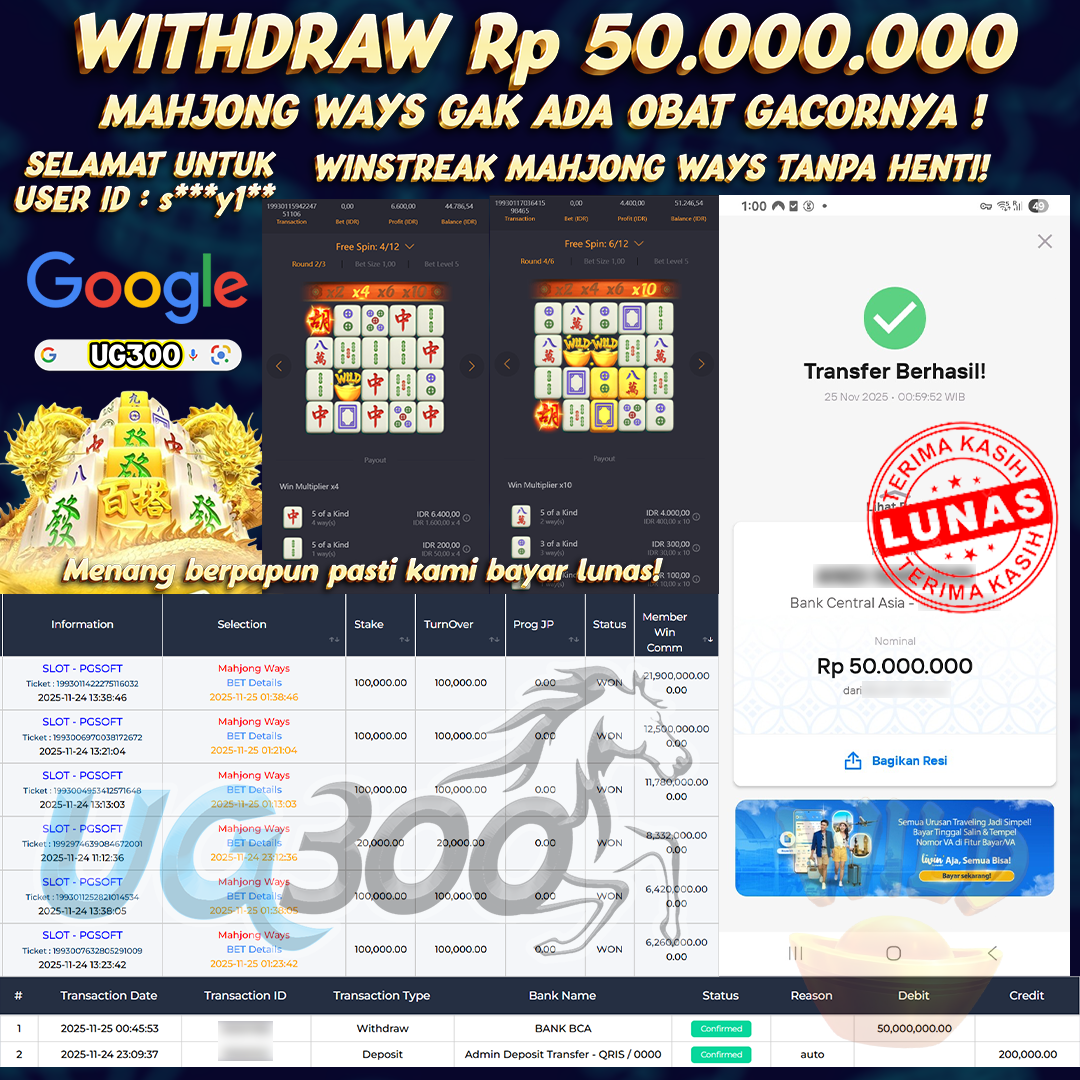 UG300 BERMAIN DI MAHJONG WAYS PG SOFT ONFIRE JACKPOT Rp.50,000,000- DI BAYAR TUNTAS